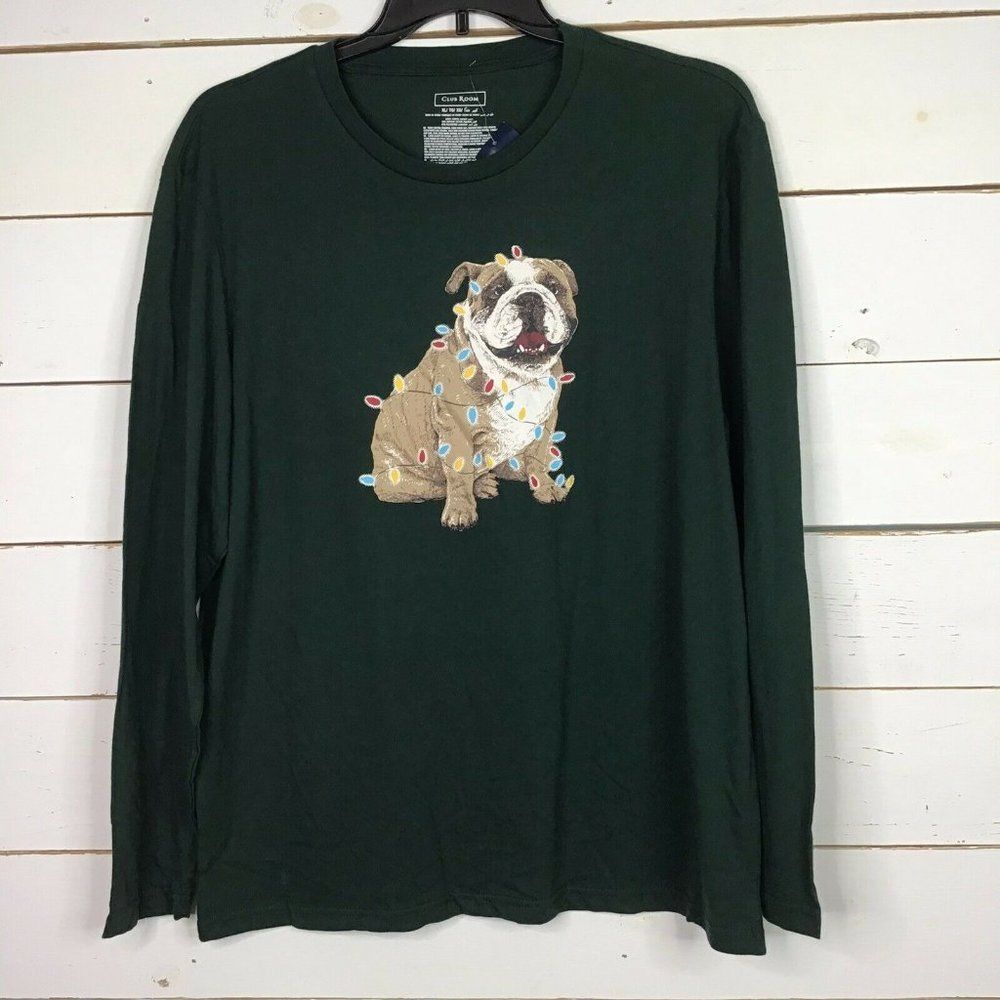 New Club Room Bulldog Christmas Lights Holiday Shirt Pine Grove Green Men's XL